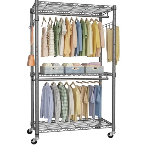 Heavy Duty 3-Tier Metal Closet Organizer, Rolling with Lock & Hooks, Max 450 LBS, Black