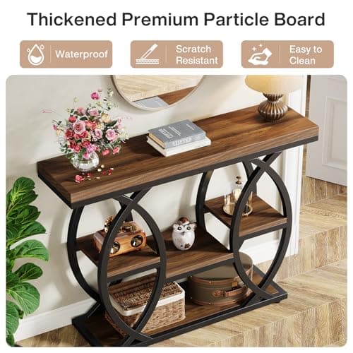 Tribesigns Industrial 4-Tier Console Table with Storage, Rustic Brown, Narrow Wood & Metal Frame