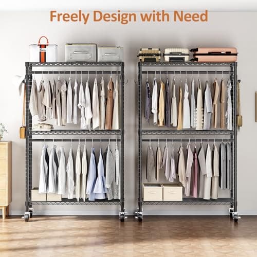 Heavy Duty 3 Tiers Garment Rack with Hanging Rods & Hooks, Black