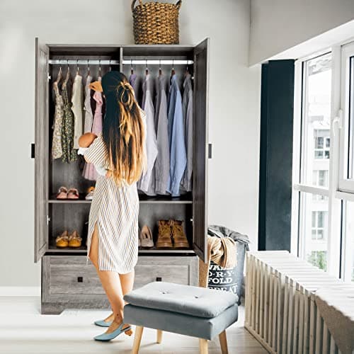 VINGLI Rustic Grey Wide Armoire Wardrobe Closet