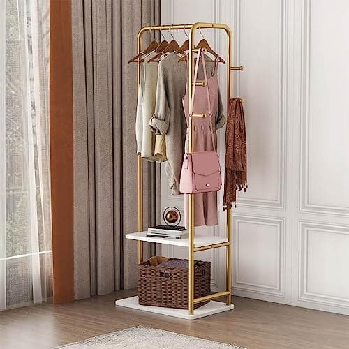 Heavy Duty Gold Metal Clothing Rack with Marble Base for Organizing Clothes, Coats, Bags, Skirts, Shirts