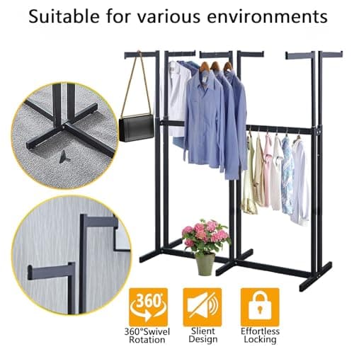 Heavy Duty 450 LBS Standing Rolling Clothing Rack, 6 Arms & Adjustable Shelves, Black
