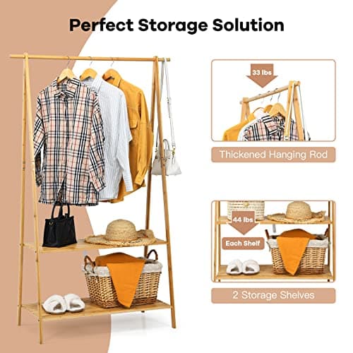 Bamboo Clothing Rack with Anti-tipping Devices and Storage Shelves