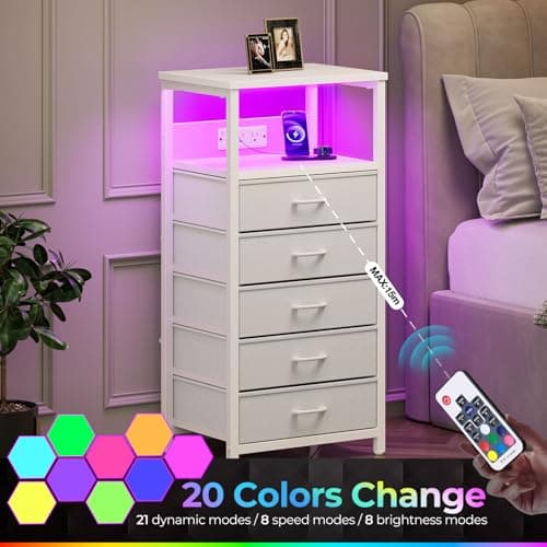 White Nightstand with 5 Fabric Drawers & Charging Station