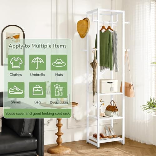 IBUYKE White Freestanding Coat Rack with 3 Shelves and 8 Hooks UTMJ088W