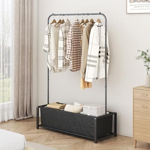 Black Heavy Duty Portable Garment Rack with Metal Shelf for Hanging Coats and Shirts