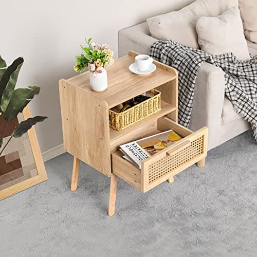 Lerliuo Natural Boho Rattan Nightstands Set of 2 with Drawer & Shelf for Bedroom Small Spaces