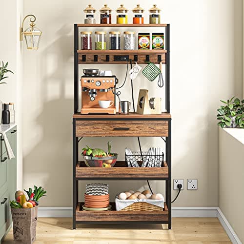 Tribesigns Rustic Brown 5-Tier Bakers Rack with Power Outlets & Hooks