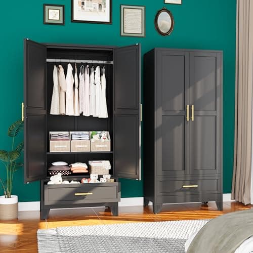 Green Metal Armoire Wardrobe with Shelves and Rod (71")