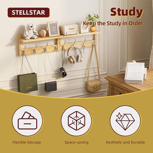Bamboo Wall Mount Coat Rack with Shelf, 2 Pack, 8 Hooks (Natural)