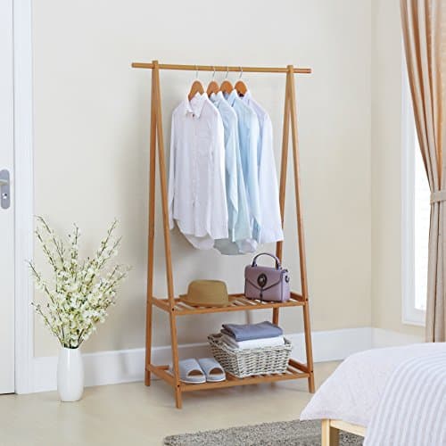 Finnhomy Large Portable Bamboo Clothes Rack with 2-Tire Storage Shelves