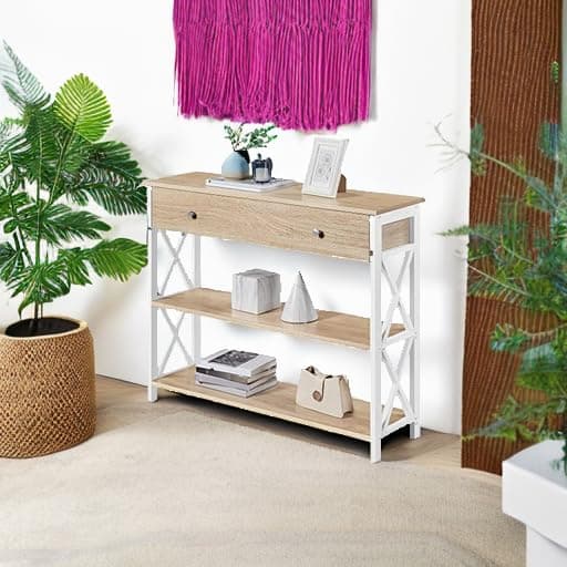 Yaheetech Narrow Console Table with Drawer & Storage Shelves, Light Oak, 3-Tier Living Room Table