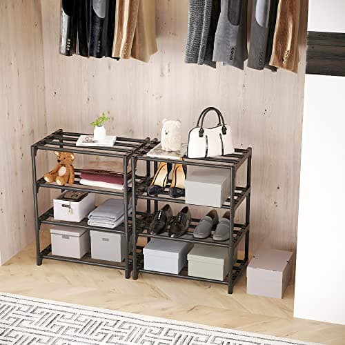 Black Metal Stackable 4-Tier Shoe Rack for Closet Hallway Storage