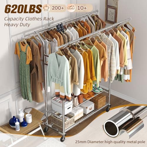 Heavy Duty Rolling Garment Rack, 620 LBS Load, Chrome Finish
