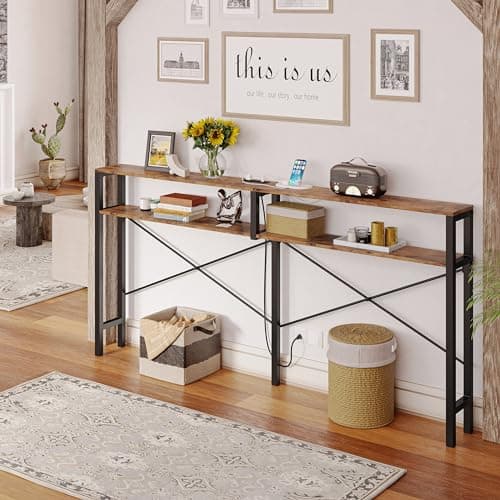 Vintage Brown IronCK Console Table with Power Outlet and Shelves