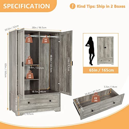 VINGLI Rustic Grey Wide Armoire Wardrobe Closet