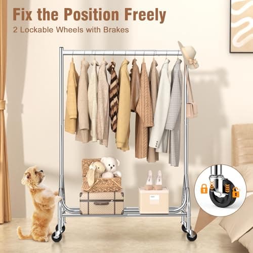 EAGMAK Heavy Duty Rolling Clothes Rack with Lockable Wheels (Silver)