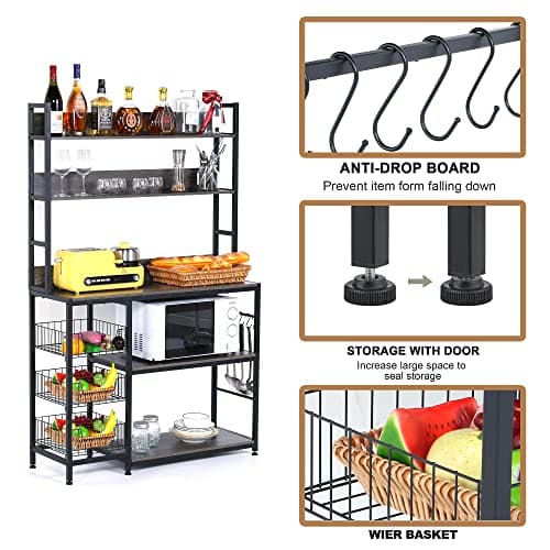 Vintage Grey 5-Tier Bakers Rack with Hooks & Baskets