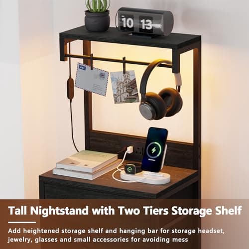 Furnulem Black Oak Tall Nightstand with Charging & LED Lights