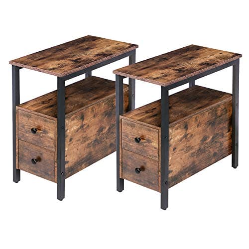 HOOBRO Narrow End Table Set, Drawers for Small Spaces, Rustic Brown & Black BF54BG201G2