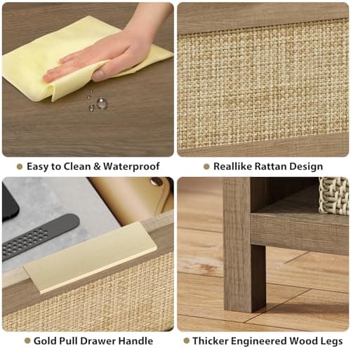 Caramel Oak Boho Rattan Nightstand Set with Drawer & Storage Shelf