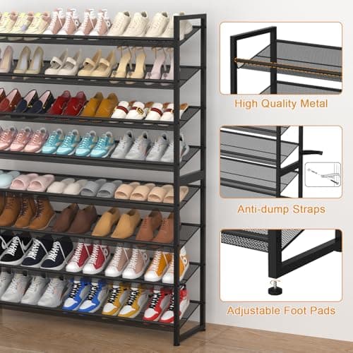 Heavy Duty 8 Tier Metal Shoe Organizer, Up to 50 Pairs, Black
