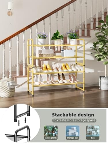 Gold 2 Tier Metal Shoe Organizer, 32" Heavy Duty Closet Rack
