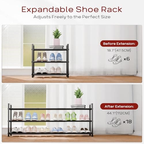 Sturdy Bumusty 3-Tier Expandable Shoe Rack, 15-18 Pair Organizer, 18"-44" Adjustment, Black