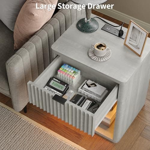 Mid Century Grey Night Stand Set of 2 with Drawer Storage