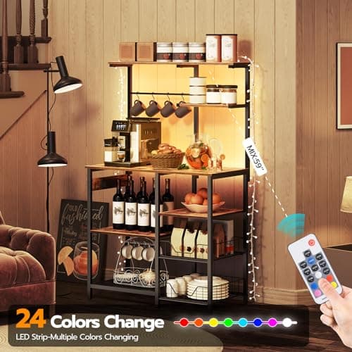 HOOBRO 6-Tier Bakers Rack with Power Outlet & LED Light, Rustic Brown & Black BF64UDHB01