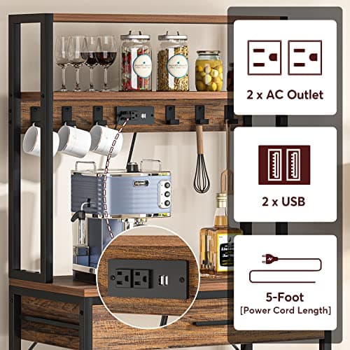 Tribesigns Rustic Brown 5-Tier Bakers Rack with Power Outlets & Hooks