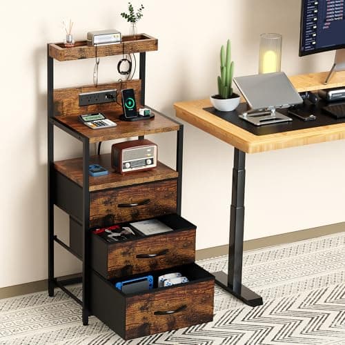 Rustic Brown Nightstand with Charging Station and Storage