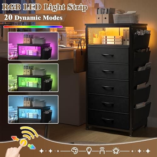 EnHomee Black Nightstand with Charging Station & 5 Drawer Dresser