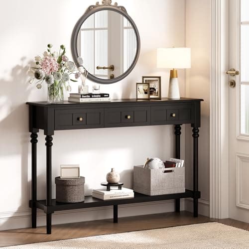 47" Entryway Table with Drawers & Shelf, Black Wood Console