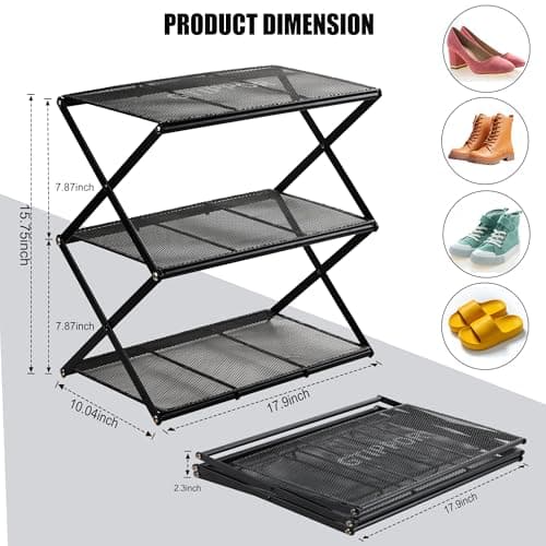 3-Tier Metal Foldable Shoe Organizer - Space Saving & Sturdy, Black