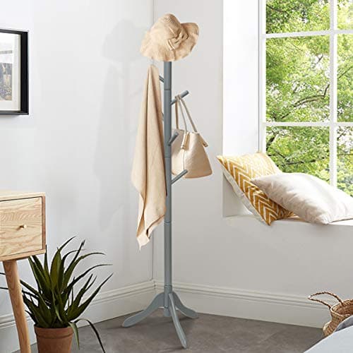 Tangkula Adjustable Height Wooden Tree Coat Rack with 8 Hooks