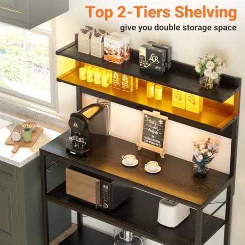 Aheaplus Black Kitchen Bakers Rack with Power Outlet & LED Lights, 5 Tiers Coffee Bar Stand