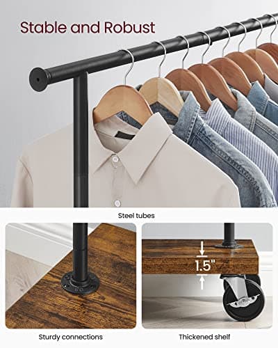 VASAGLE Extendable Clothing Rack with Wheels, Rustic Brown and Black URGR111B01V1