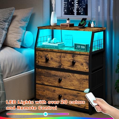 EnHomee Rustic Brown Nightstand with Charging & LED Lights, 4 Drawer Bedside Table, Wood Shelf, 2 USB Ports