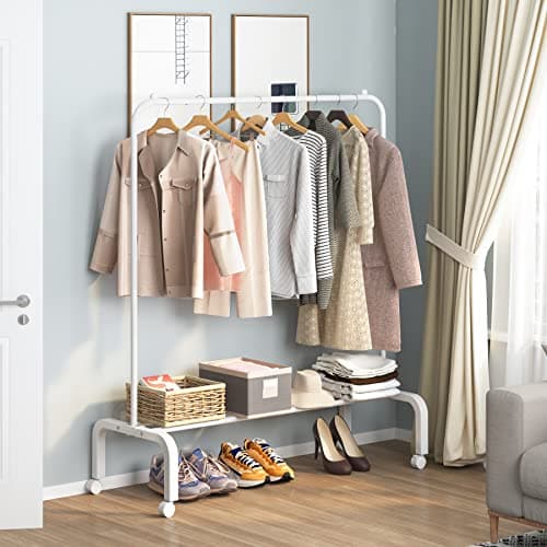 White Metal Rolling Clothes Rack with Bottom Shelf