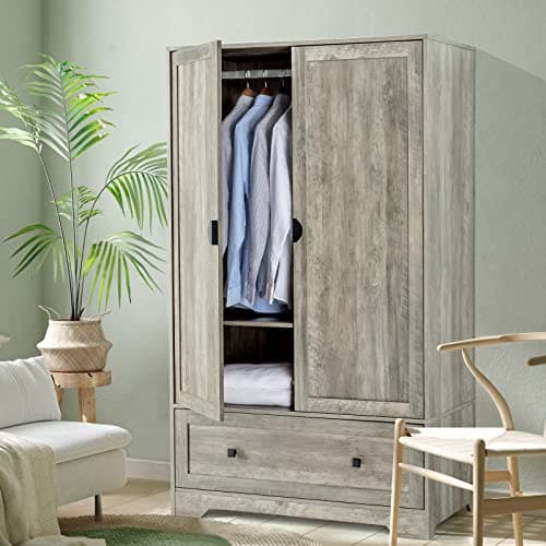VINGLI Rustic Grey Wide Armoire Wardrobe Closet