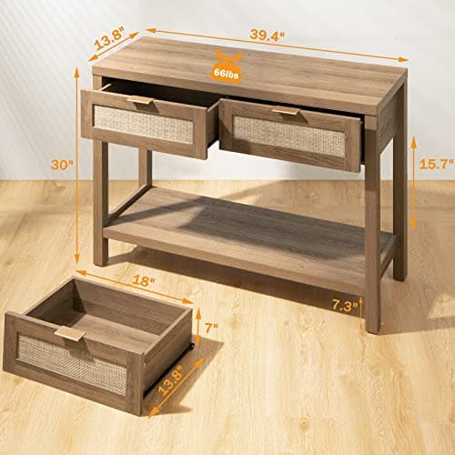 Boho Console Table Set with Rattan Drawers for Living Room
