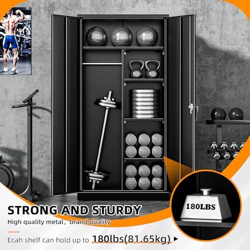 Intergreat Lockable Metal Storage Cabinet, Black Wardrobe with Adjustable Shelves