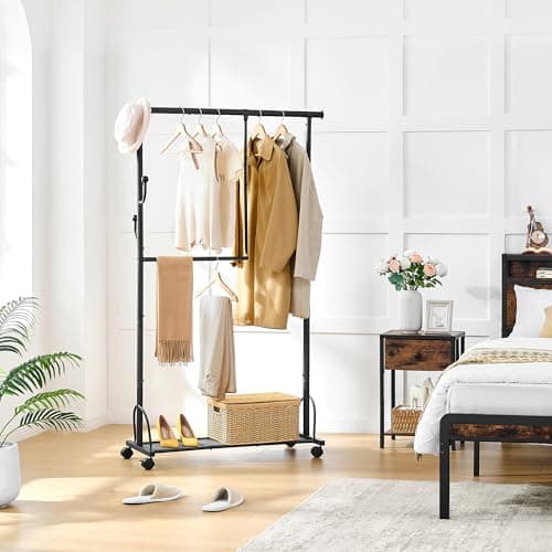 Double Rod Clothes Rack with Wheels - Rolling Garment Rack with Shelf, Sturdy Closet Organizer, Easy Assembly