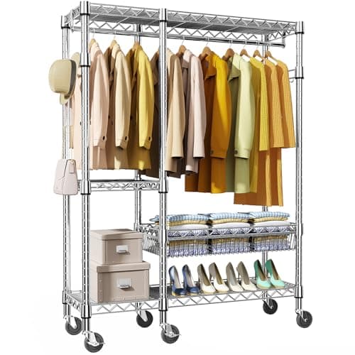 MZG Heavy Duty Rolling Clothes Rack 3 Tiers Adjustable Wire Shelving 17.7"x47.2"x83.6" Chrome