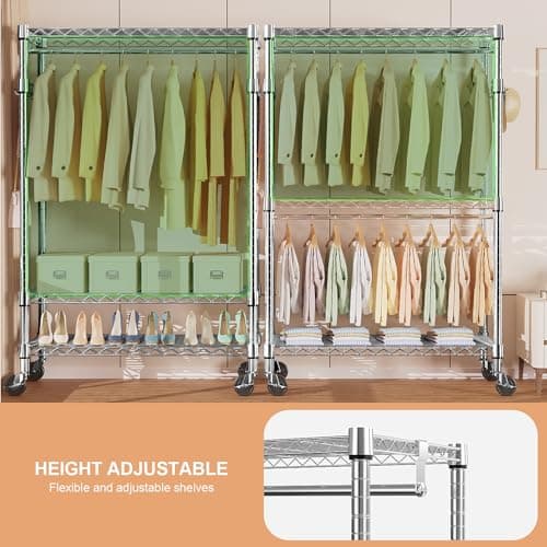 MZG Heavy Duty Rolling Clothes Rack 3 Tiers Adjustable Wire Shelving 17.7"x47.2"x83.6" Chrome