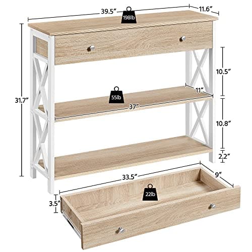 Yaheetech Narrow Console Table with Drawer & Storage Shelves, Light Oak, 3-Tier Living Room Table