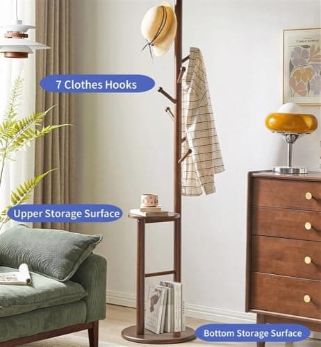Natural Wooden Coat Tree with Organizer Tray and Shelf