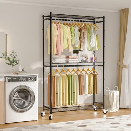 Portable Metal Clothes Rack with Double Rods & 3 Wire Shelves