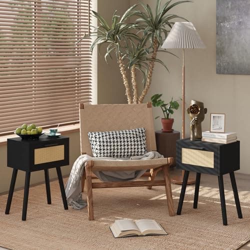 Modern Black Handmade Rattan Nightstand Set, Solid Wood Legs, Drawers for Bedroom and Small Spaces UHST010B-2